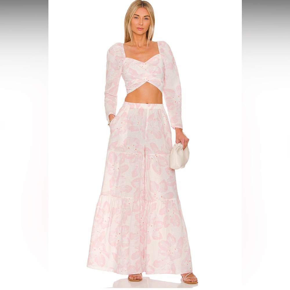 Something Navy Floral Puff Shoulder Top and pants set